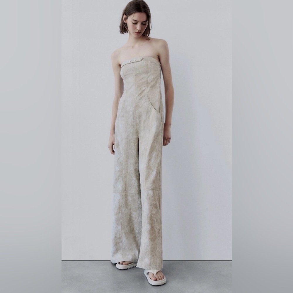 Zara Strapless Wide-Leg Jumpsuit in Light Beige